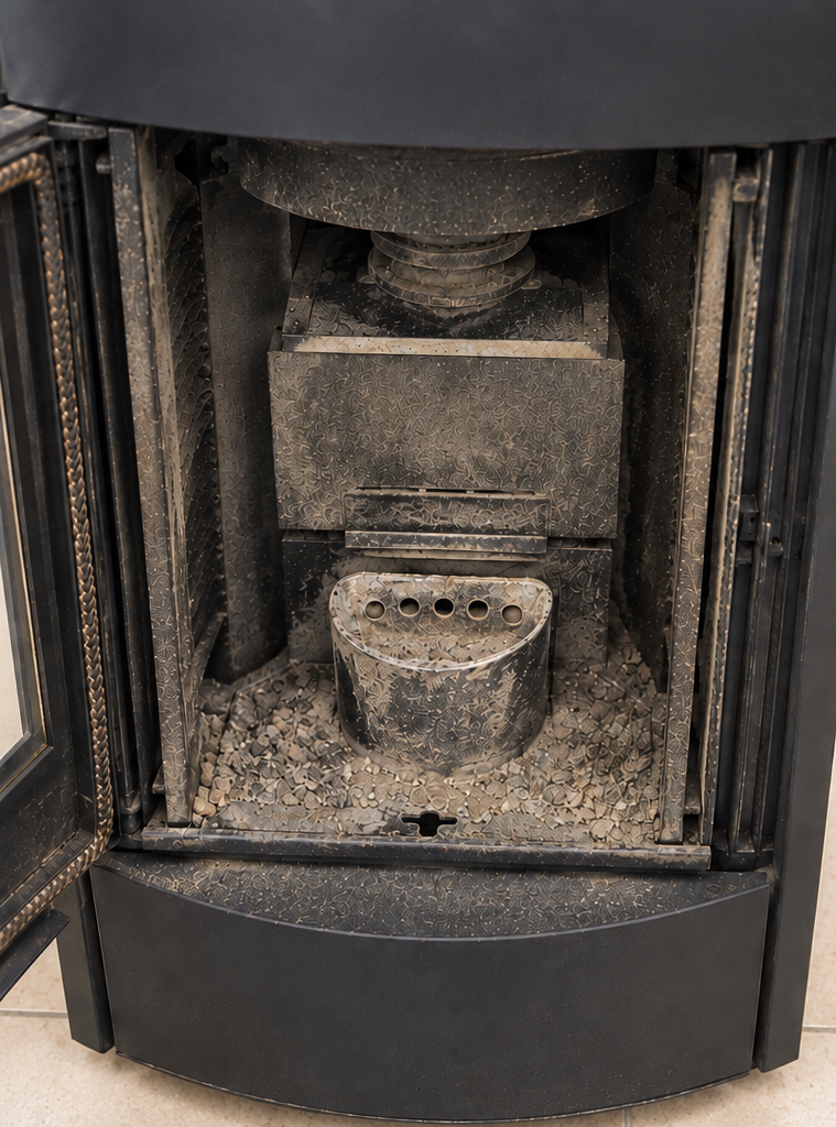 Foyer de poêle à granulés encrassé, cendres et résidus autour du brasier, avant intervention