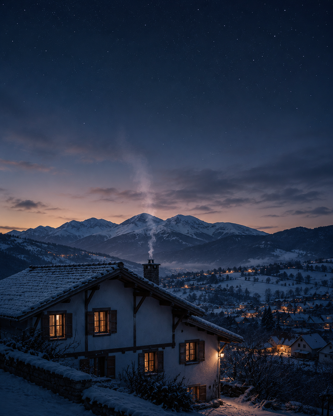 Maison basque sous la neige au crépuscule, fumée s'élevant de la cheminée face aux montagnes enneigées du Pays Basque